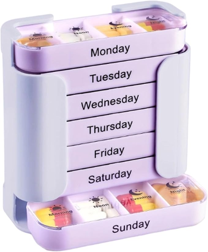 Stay on Track - 7-Day Medication Organizer, Weekly Pill Organizer, 7 Stackable Compartments Four Times-a-DayWeekly Individual Medicine Pill Boxes Cases Organizers with Large Compartments (Purple)