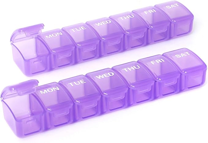 2 Packs Weekly Pill Organizer,Pocket Daily Pill Case Pill Box for Pills/Vitamin/Fish Oil/Supplements (Purple)