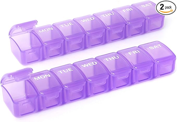 2 PCS Small Weekly Pill Organizer 7 Days,Pocket Daily Pill Case, Daily Planner, Pill Box for Pills/Vitamin/Fish Oil/Supplements (Purple)