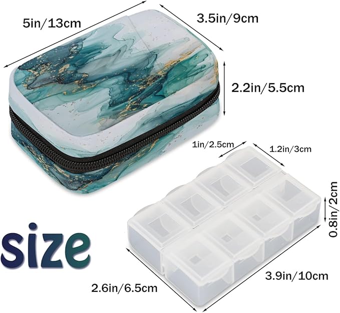 Abstract Teal Marble Travel Pill Organizer Box Weekly Portable Pill Case Daily Pills 7 Day Small Birth Control Pills Container Removable Compartments for Medicine Vitamins Fish Oil