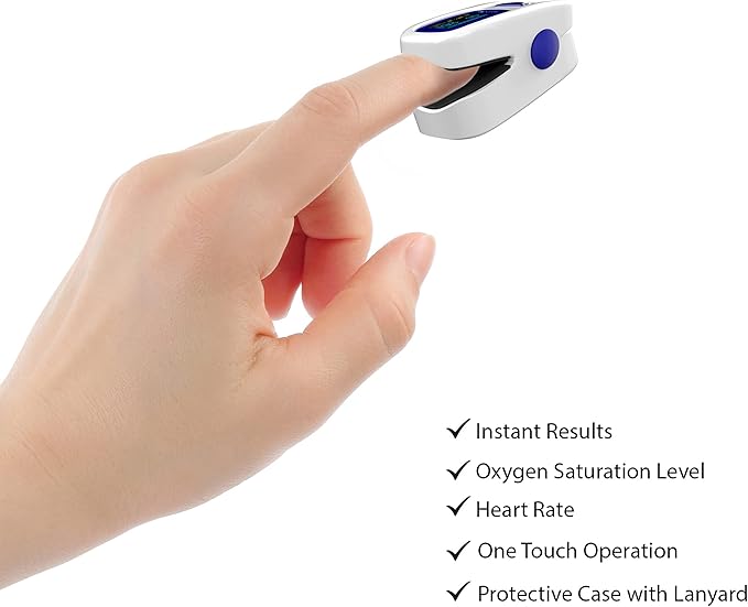 Finger Pulse Oximeter - Portable Fingertip Sensor Monitors Blood Oxygen Level and Heart Rate - Includes Carrying Case and Lanyard by Bluestone