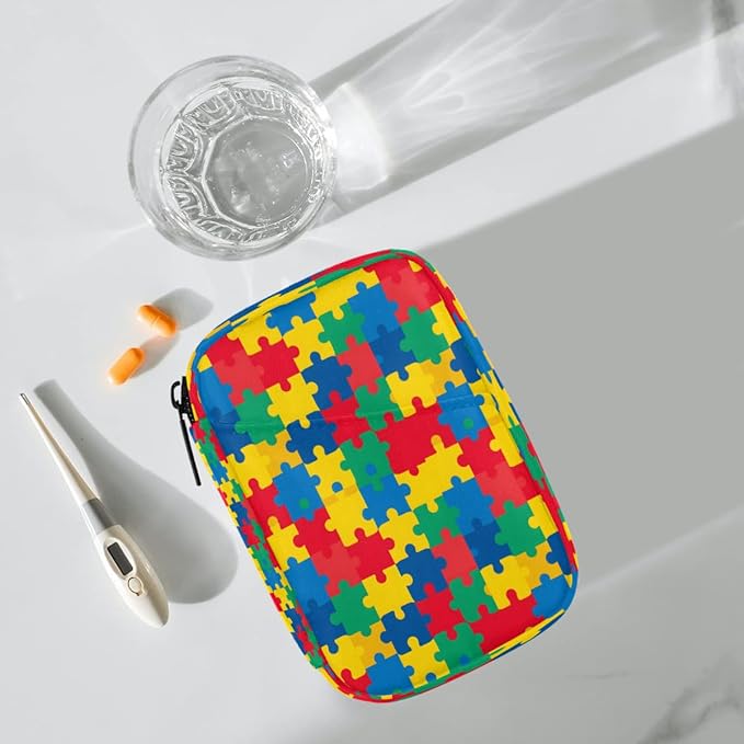 Color Autism Puzzle Pill Case Everyday Travel, 7 Day Weekly Medicine Pill Box Compact Portable Pills Bottle Organizer with Zipper for Daily Vitamin Medicine Holder Bottle Organizers Bag