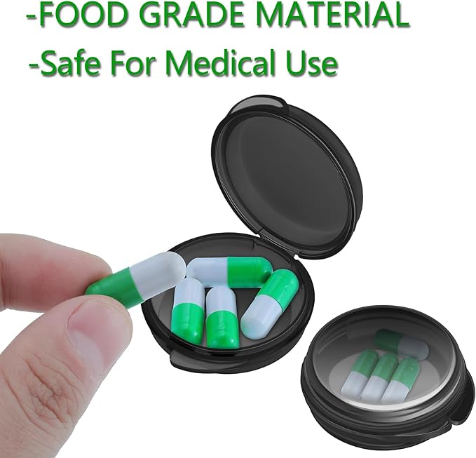 Patelai Small Pill Case Travel Pill Container Clear Mini Organizer Box Round Black Medicine Case Holder for Pocket Purse Briefcase Travel Medicine Cod Liver Oil Storage(10 Pack)