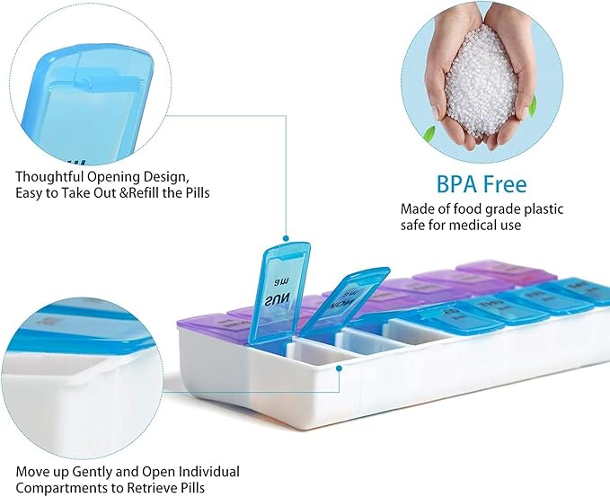 Weekly Pill Organizer 7 Day 2 Times a Day Travel Pill Case Portable Removable Pill Box Large Capacity Medicine Box for Purse AM PM Daily Pill Box