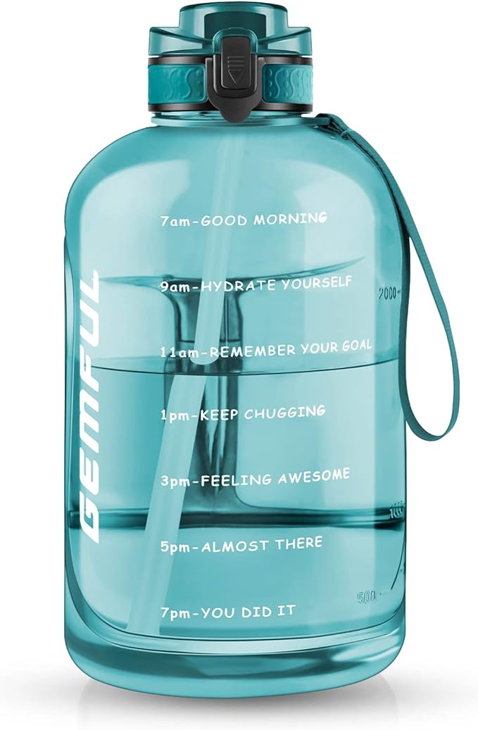 GEMFUL 3 Liter Water Bottle with Straw 101oz BPA-Free Leakproof Time Marker Handle for Gym Sports Large Motivational Jug for Men Women (Cyan with Removable Straw)