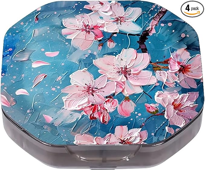 This Watercolor Style Cherry Blossom Tree Pattern 4 Compartment Pill Box Compartmentalized Pill Box Can Be Placed in A Pocket Or Wallet to Store Vitamins, Medicines Other Medications.