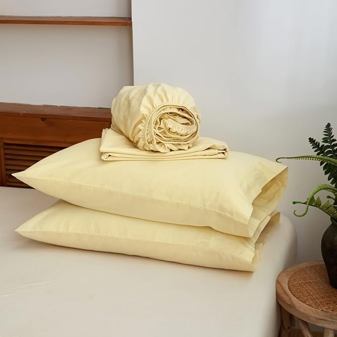 Simple&Opulence Belgian Linen Sheet Set Solid Color - 4 Pieces (1 Flat Sheet, 1 Fitted Sheet & 2 Pillowcases) Natural Flax Cotton Blend Soft Breathable Farmhouse Bedding - King Size, Pale Yellow
