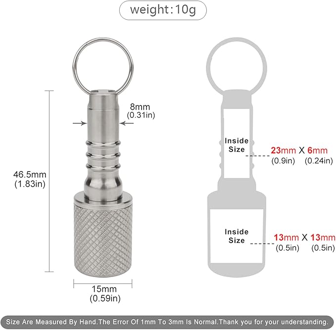 Keychain Pill Holder, Titanium Case Small Organizer Waterproof Box, EDC Container Metal Tube for Outdoor Camping Travel, Men Women (Tiny Silver)