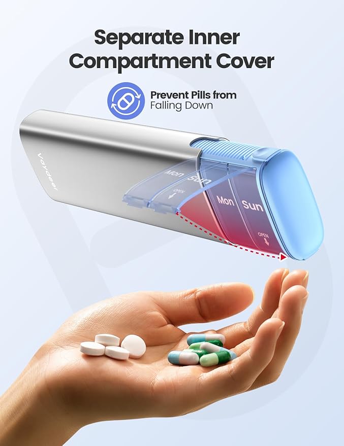 Vaydeer Metal Travel Pill Organizer – Compact Weekly Pill Box for Daily Medication – Portable Small Pill Case for Vitamins, Pills & Supplements (Blue)