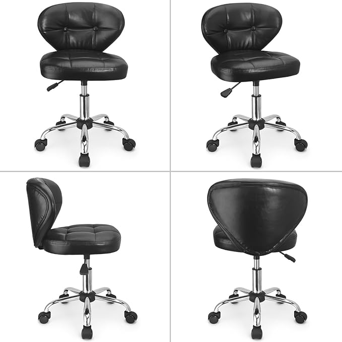 JOSTZHXIN Home Rolling Stool, PU Leather Rolling Chair with Back, Height Adjustable Swivel Chair for Teen Petite Adults,Black