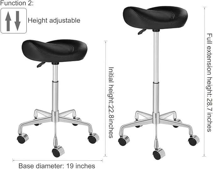 Kaleurrier Ergonomic Rolling Swivel Saddle Stool with Wheels,Hydraulic Pneumatic Lifting Height Adjustable Lightweight Chair for Clinic Hair Salon Massage Lab Kitchen Home Office (Black, Without Back)