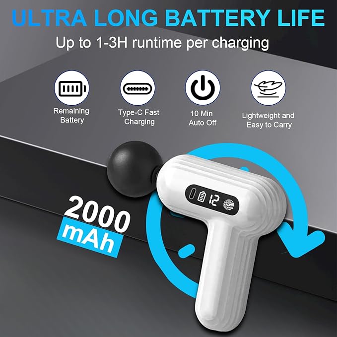 Massage Gun Deep Tissue, Percussion Massager Gun for Athletes Muscle with 9 Replacement Heads for Pain Relief, Super Quiet Portable Electric Massager (White-mini Massage Gun)