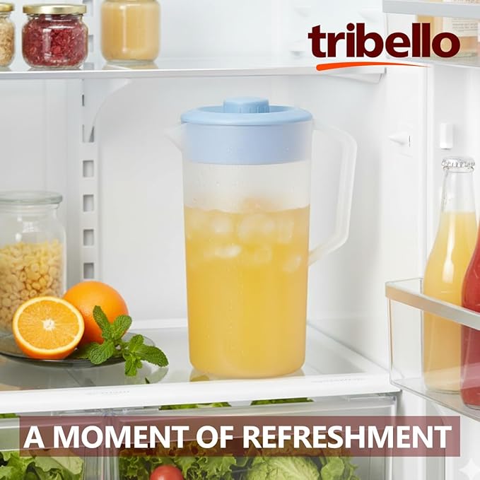 Tribello Pitcher with Lid Half Gallon, Clear Round Plastic Water Pitcher with 3-Way Lid, Ideal for Lemonade, Ice Tea, and Drinks, Freezer/Dishwasher Safe, and BPA Free (0.5 Gallon/2 Liters)