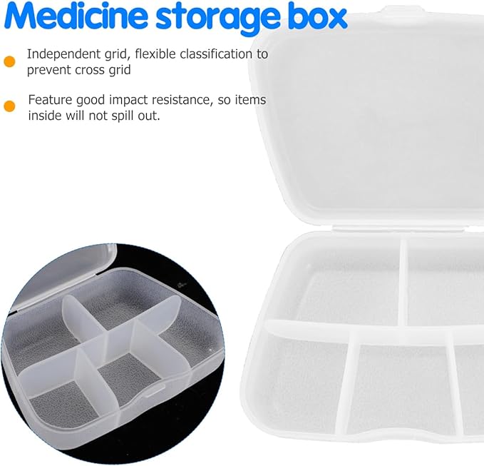FRCOLOR Transparent 6 Compartment Pill Organizer Compact Medicine Box 3.34X2.36X0.78 Inch Portable Weekly Pill Case for Travel Home School Use