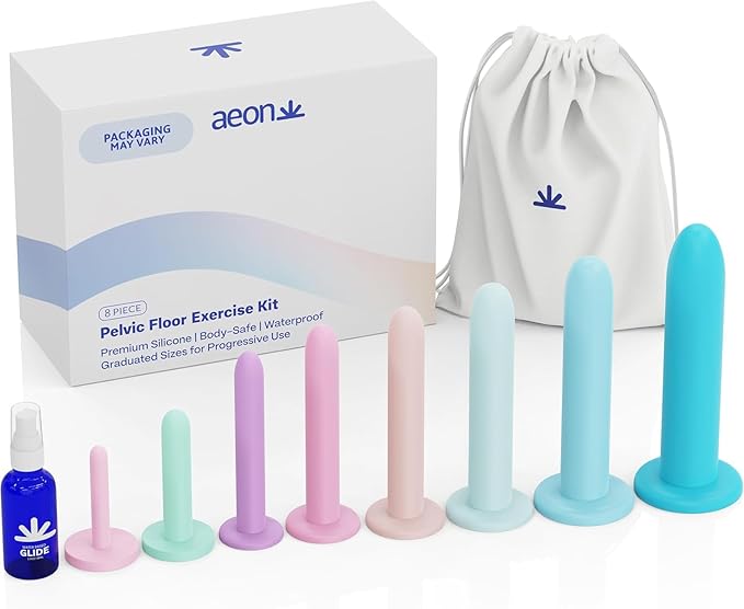 AEON Gentle Touch – Soft Premium Silicone 8-Piece Set for Pelvic Floor Strengthening & Flexibility – Progressive Sizes with Suction Bases – Includes Elegant Storage Bag & 1.3 Oz Glide ($10 Value)