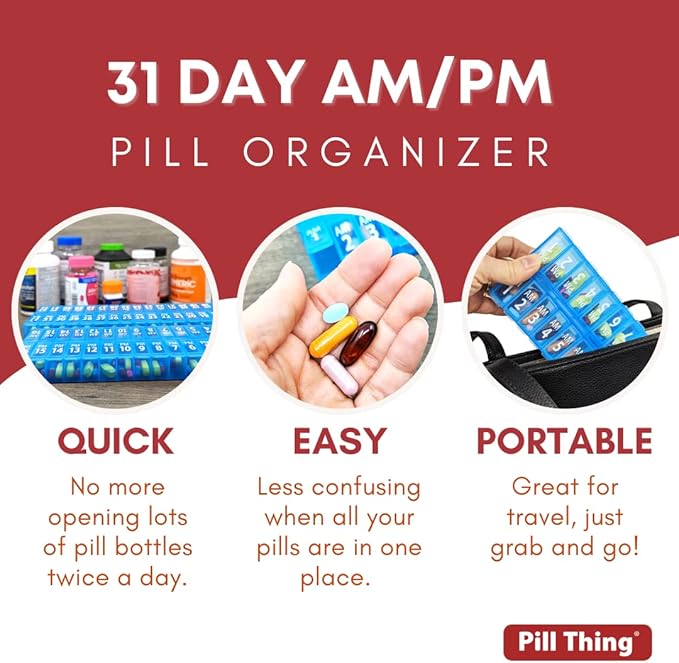 Twice-a-Day Monthly Pill Box Planner Set - AM & PM Medication Organizer for 31 Days! Set Contains 2 Organizers for One Month. (Blue - 31 Day AM/PM -1 Pack)