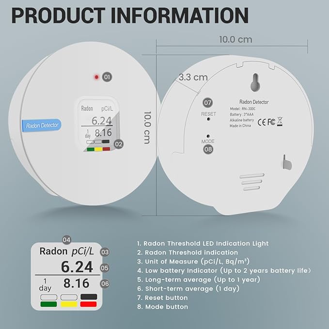 RadonSense Hello Radon C,E-Ink Display Radon Detector for Home,Alpha Spectrometer Sensor&2 Years Battery,wall Mounted&Free Standing,PCi/L & Bq/m³ Units Switchable