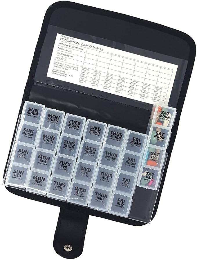 Deluxe Large Weekly 4X a Day Medication Pill Planner Organizer with Case - Each Compartment Holds Approx 30 Aspirins - 7 Day Pill Organizer has Large Removable 4X a Day Pill Boxes - Secure for Travel