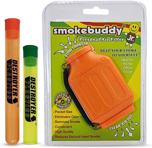 100% Authentic Smoke Buddy Bundled with Two Exclusive Destroyer Plastics Odor Proof Tubes One Large One Small (Smoke Buddy Junior, Orange)
