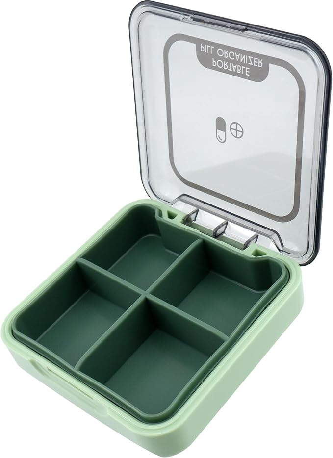 Quacc Small Pill Box, Portable Travel Case Daily Pill Organizer with 4 Large Compartmensts for Medication, Vitamin, Supplement - Green