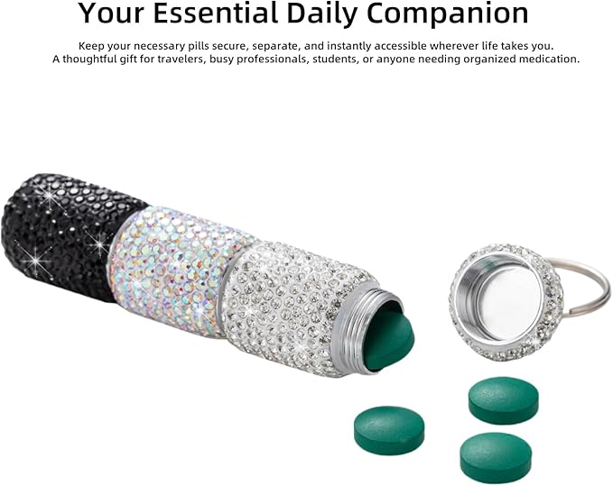 3 Compartment Small Pill Holder Keychain Bling Pill Container with Key Chain Travel Pill Organizer Medicine Box for Women (White+AB+Black)