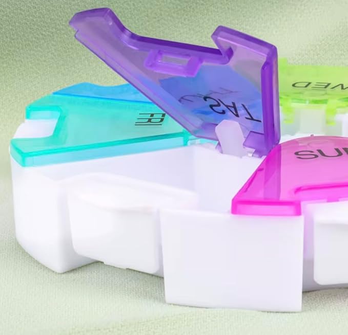 Weekly Pill Organizer 7 Day Round Pill Box Arthritis Friendly Spring Open, Leak-Proof Compartments for Vitamins, Medications & Supplements BPA-Free Travel Pill Case, Color-Coded Daily, Spill-Proof
