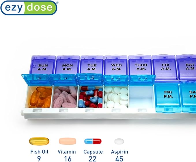 EZY DOSE Pill Organizer Weekly AM/PM (7-Day), Medicine Planner, Vitamin Case/Box, 2X-Large Locking Compartments to Secure Prescription and Prevent Accidental Spilling, Blue and Purple, BPA Free