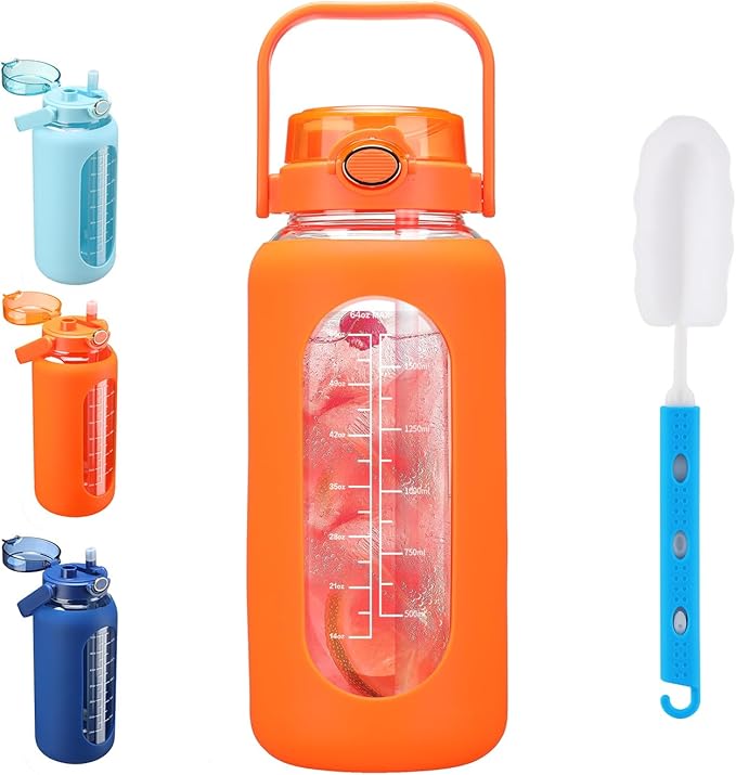 Glass Water Bottle with Straw and Handle Lid Half Gallon Motivational Glass Bottle with Silicone Sleeve and Time Marker Large Reusable Sports Water Jug for Gym Home Workout