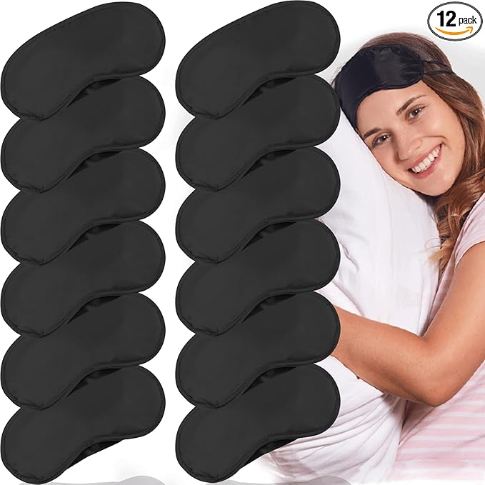 12 Pack Blindfold Eye Mask Cover Sleep Mask for Party Games Travel Sleep Team Build Party Supply with Adjustable Strap for Women Men Kids, Black
