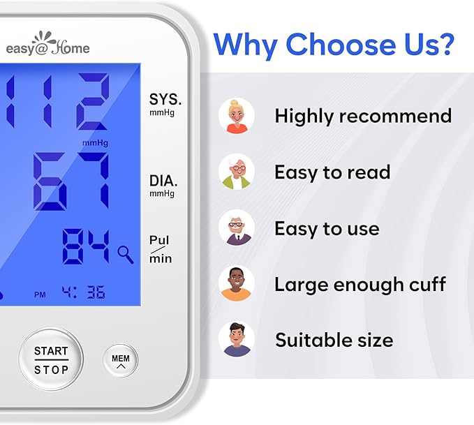 Blood Pressure Monitor for Home Use: Easy@Home Upper Arm Large Cuff BP Machine - Automatic Tensiometer with 3-Color Backlit Hypertension Display and 2 Users, Supports Free MyHeartPal App Scan, EBP-095