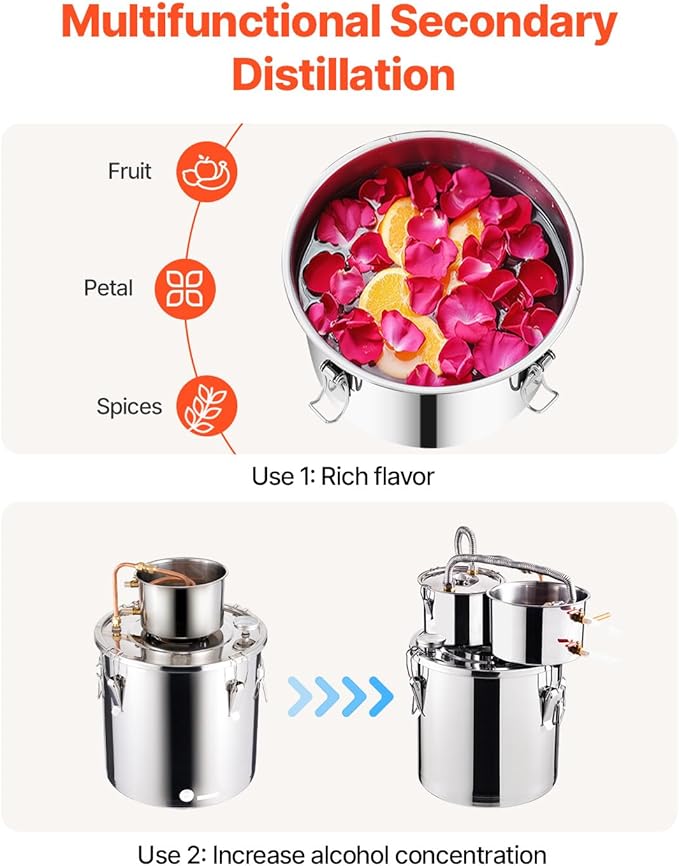 VEVOR Alcohol Still, 5Gal / 19L Alcohol Distiller with Thumper Keg, Distillery Kit for Alcohol with Copper Tube, Build-in Thermometer & Water Pump for Wine Whisky Brandy