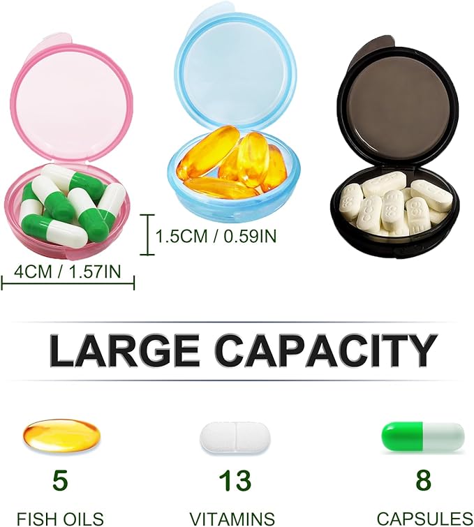 Pill Organizer for Pocket, Mini Pill Box for Pocket Purse, Portable Travel Pill Container, Small Secure Storage for Supplements & Daily Care (Black-Pink-Blue 6 PCS)