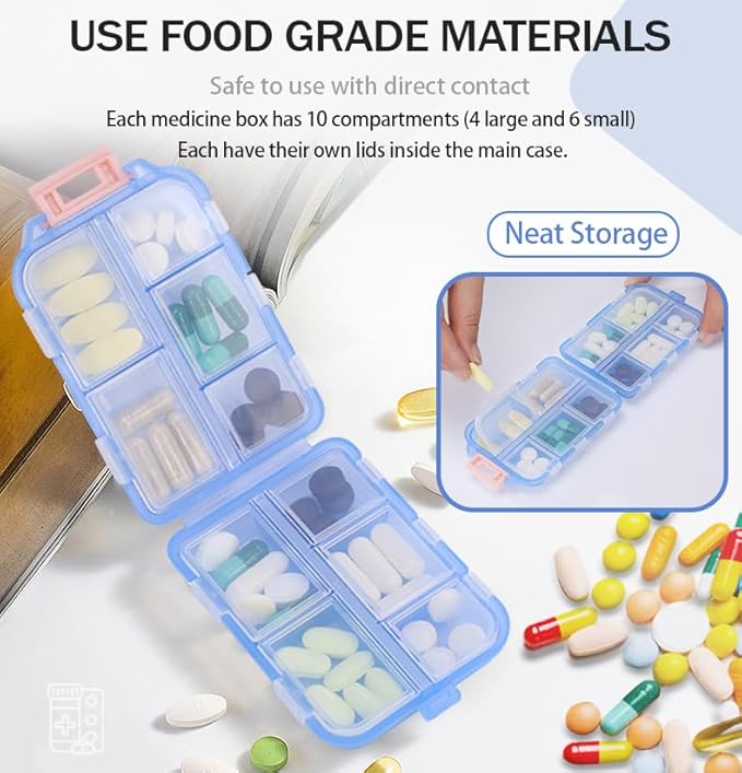 Travel Pill Organizer Portable Pocket Pill Case Small Pill Box for Purse Medicine Organizer Have 10 Compartments Storage Vitamin Fish Oil by INVODA (1PCS Blue+Lables)