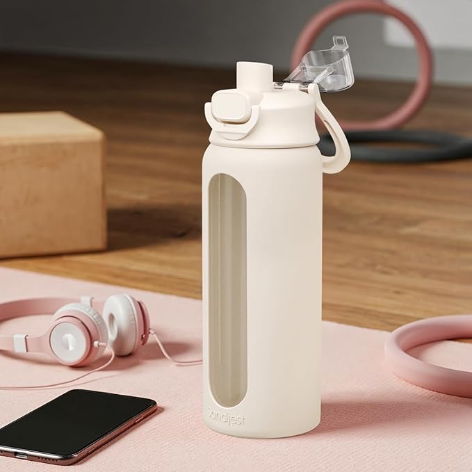 Glass Water Bottle with Silicone Sleeve 24oz with Lid, Motivational Time Marker, Drinking Hydration Glass Bottles for Men Women, Gym Travel Sports (Cream)