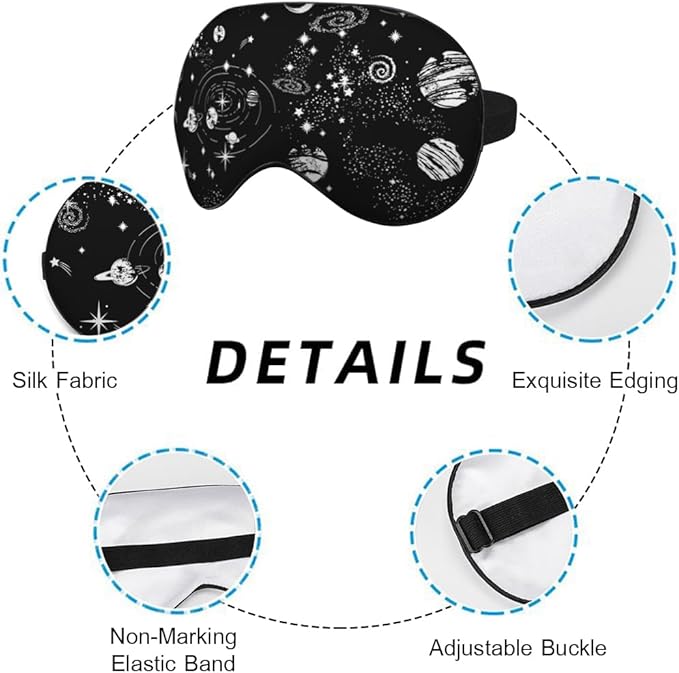 Space Galaxy Sleep Eye Mask Universe Star Moon Planets Constellation Black Silk Eye Mask Sleeping Soft for Men Women Boy Girl Airplane Travel with Elastic Strap