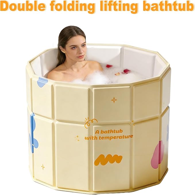 Quivora 27.5" Portable Bathtub for Adults, Seniors, Kids & Pets, Inward Folding Edge for Easy Step-In, 2-in-1 Ice Bath & Hot SPA Collapsible Soaking Tub (Yellow, 27.5x26")