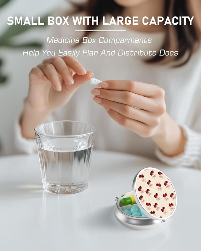 Pill Box, 3 Compartment Portable Travel Medicine Box with Mirror, Compact and Cute, Fits in Purse and Pocket, Medicine and Vitamin Organizer (Cherry)