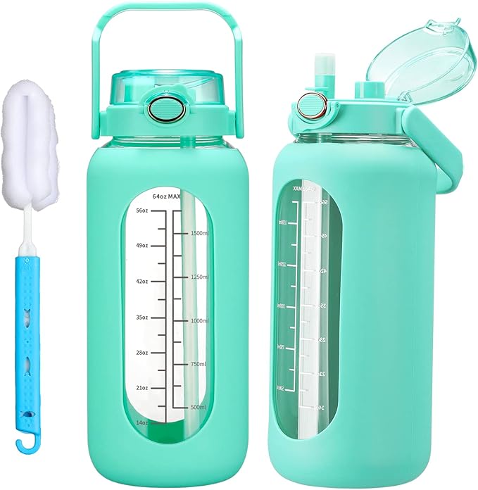 64oz Glass Water Bolttles with Straw Half Gallon Large Motivational Water Bottle with Time Marker Sports Water Bottles with Silicone Sleeve and Handle Lid Water Jug for Gym Workout