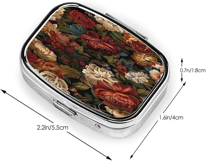 Boho Vintage Dark Flower Bloosom Rose Pattern Pill Case Pill Box Travel Pill Organizer Small Square Medicine Box for Purse & Pocket Gifts