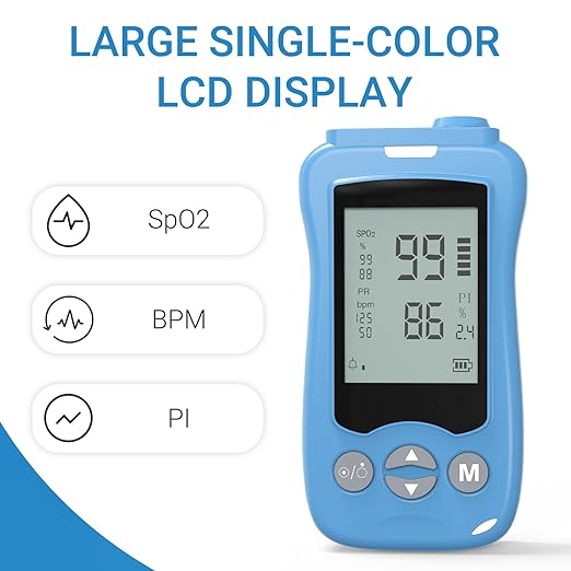 Handheld Fingertip Pulse Oximeter, Medical Grade Pediatric Pulse Oximeter Wrap Probe for Infant Kids Adult, Continuous Pulse Oximeter and Spot Checking, Fast Reading SpO2 Pulse Rate Respiration Rate, Adjustable Audio Visual Alarm (Blue)