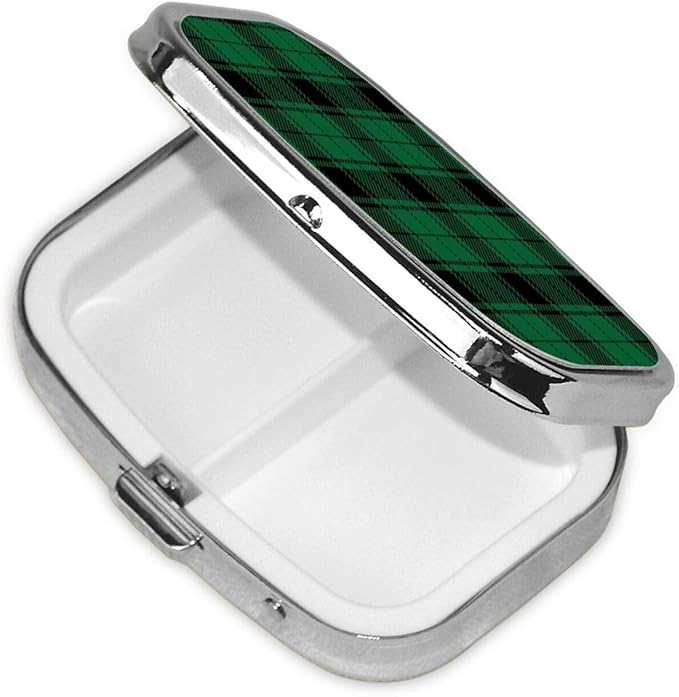 Pill Case Green Black Buffalo Check Plaid Pattern Pill Box with Mirror Retro Pocket 2 Compartment Medicine Case Vitamin Pill Organizer for Pocket Purse and Travel Gifts