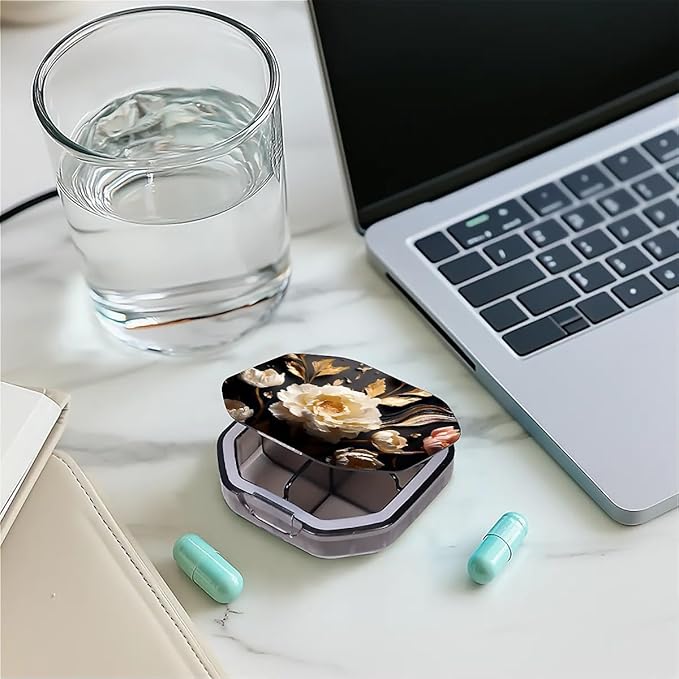 This Portable 3D White Peony Pattern 4 Compartment Pill Box Can Be Placed in A Pocket Or Wallet to Store Vitamins, Medicines Health Supplements Other Medications.