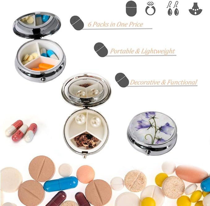 6Pcs Elegant Pill Box Case, CREATIEE-PRO Portable Medicine Tablet Vitamin Holder Organizer with 3 Component for Purse Pocket Travel - Practical & Fashionable(6 Patterns, 1.6Inches)