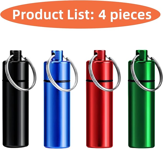 Small Portable Pill Box Keychain Mountaineering Buckle Metal Mini Pill Organizer Case Container for Purse Waterproof Metal Pill Holder Medicine Bottle for Outdoor Camping Travel (4 Pack)