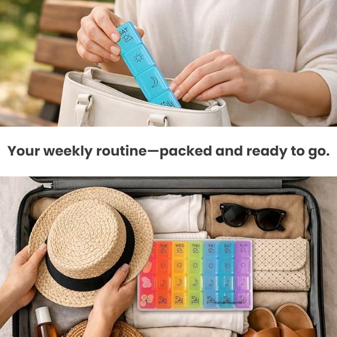 BaHoki Essentials Weekly Pill Organizer - Portable 7-Day Pill Box with 3 Times Per Day Compartments