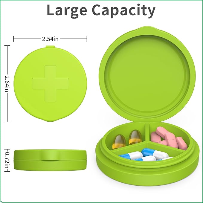2 Pack Small Pill Box,Premium Thick Silicone 3 Compartment Travel Pill Box for Home/Desk Organizer, Portable Compact Medicine Holder for Vitamin, Cod Liver Oil, Supplement(Green+Teal)