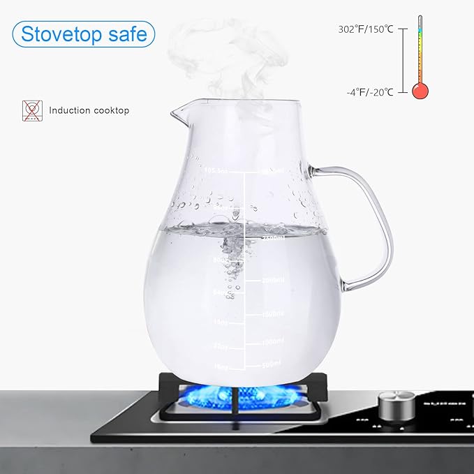 Glass Pitcher, Glass Water Pitcher with Tight Stainless Steel Lid, 105.5oz/3L Heat Resistant Borosilicate Glass Carafe, Temperature Safe