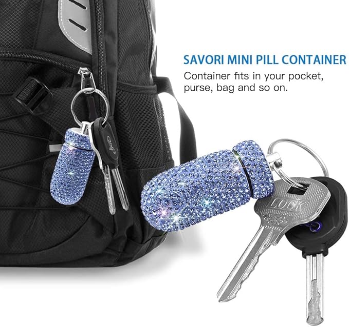 Portable Pill Case Pill Container Waterproof Pill Holder with Keychain Bling Pill Box Medicine Dispenser Bottle Storage for Outdoor Camping Travel (Sky Blue)