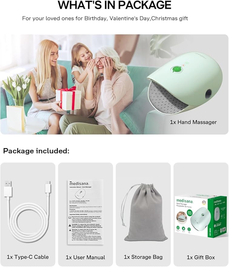 Medisana Hand Massager with Heat and Compression, Knuckle Stretching Massage, Memory Function, Cordless Hand Massager for Arthritis and Carpal Tunnel Relief, Mother’s Day Gift for Mom Women