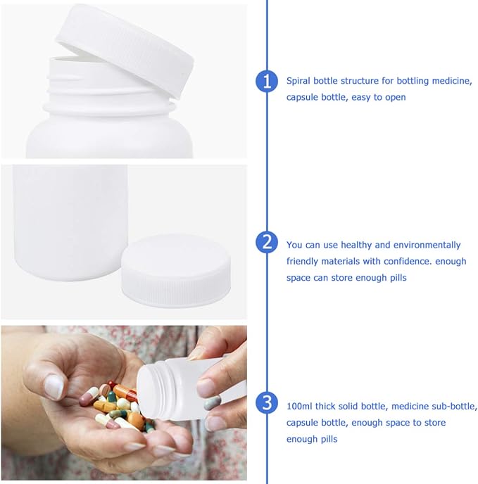 EXCEART 20pcs Empty Pill Bottle Portable Plastic Medicine Holder Container Case for 100ml (White)
